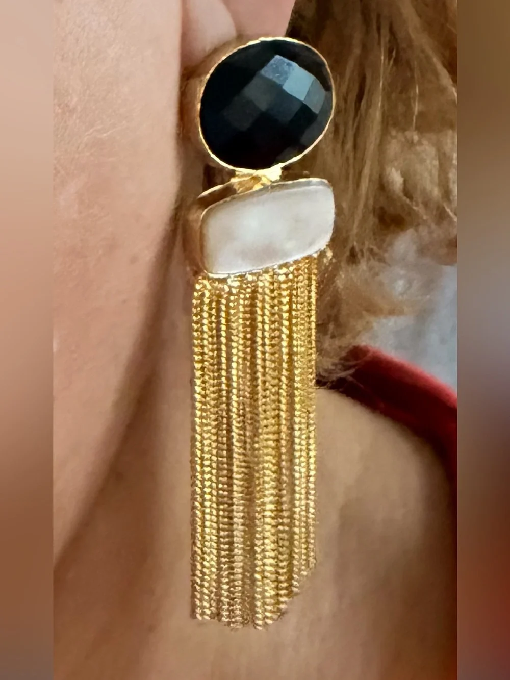 Gold Tassel Drop Earrings with Black Onyx and Mother Of Pearl - Picture 8 of 8